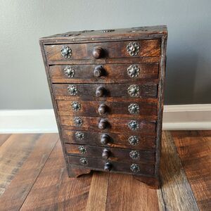 Vtg Hindu Asian 8 Drawer Wooden Metal Handmade Jewelry Spice Organizer Cabinet